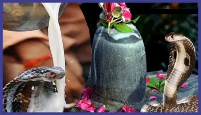 नाग पंचमी पर नागों की पूजा और आस्तीक मुनि की कथा से जुड़ा धार्मिक चित्र।