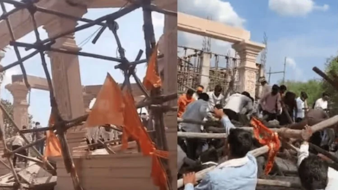 परभणी के यशवाड़ी हनुमान मंदिर में सभा मंडप गिरने के बाद राहत और बचाव कार्य।